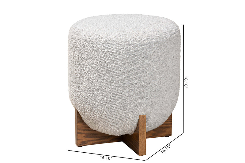 Abella Japandi Light Gray Boucle Fabric and Walnut Brown Finished Wood Ottoman Footstool