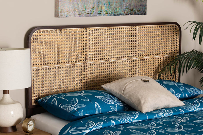 Lindo Dark Brown Finished Bayur Wood and Natural Rattan Queen Size Headboard Baxton