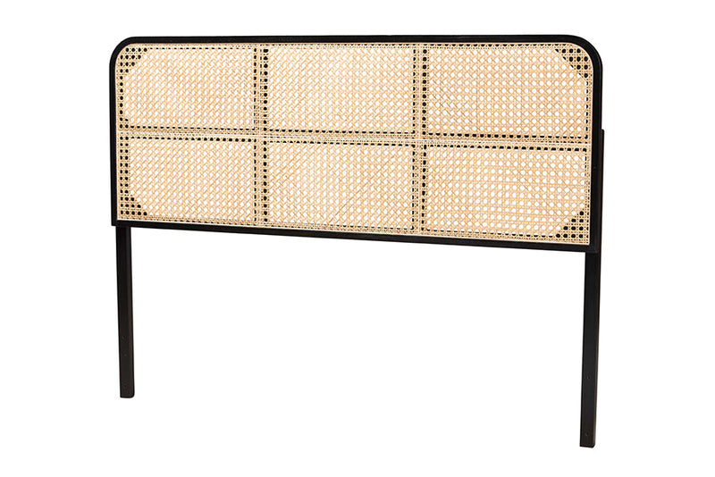 Lindo Black Finished Bayur Wood and Natural Rattan Queen Size Headboard Baxton