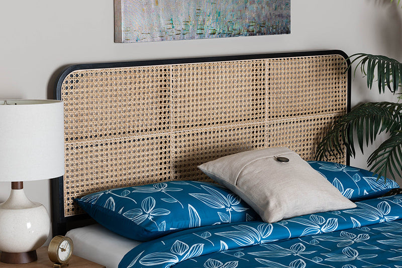Lindo Black Finished Bayur Wood and Natural Rattan Queen Size Headboard Baxton