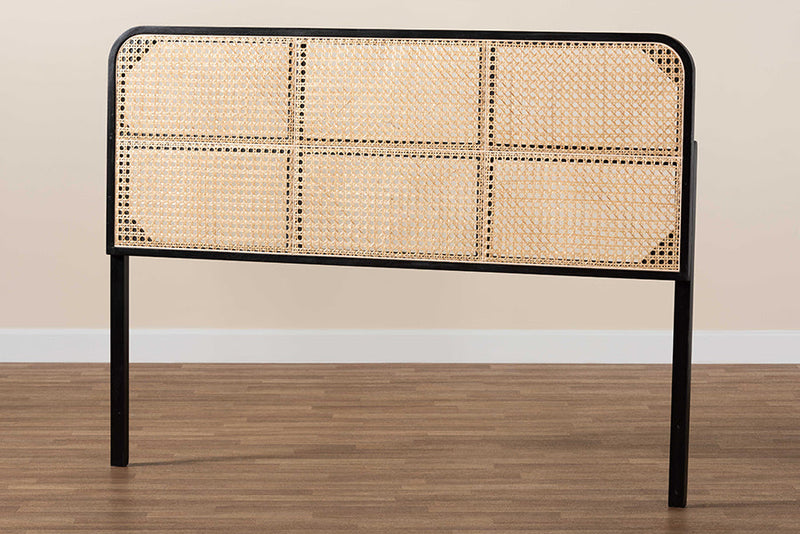 Lindo Black Finished Bayur Wood and Natural Rattan Queen Size Headboard Baxton