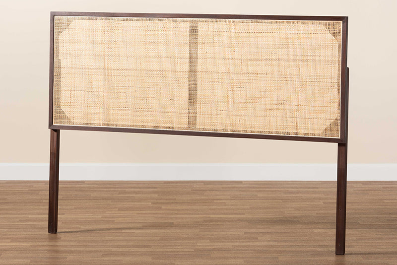 Nada Modern Bohemian Dark Brown Finished Bayur Wood and Natural Rattan Queen Size Headboard
