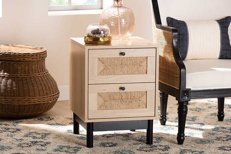 Jiro Mid-Century Modern Light Brown and Black 2-Drawer End Table