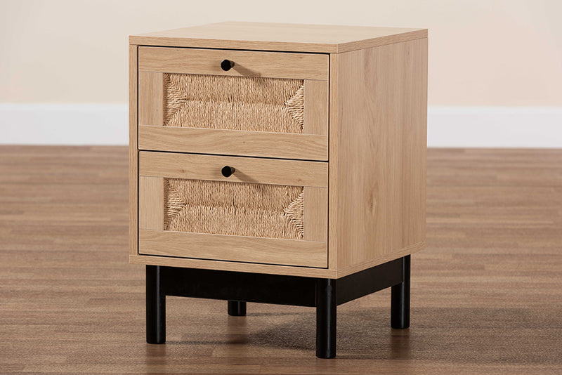 Jiro Mid-Century Modern Light Brown and Black 2-Drawer End Table