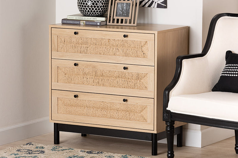 Jiro Light Brown and Black 3-Drawer Storage Cabinet Baxton