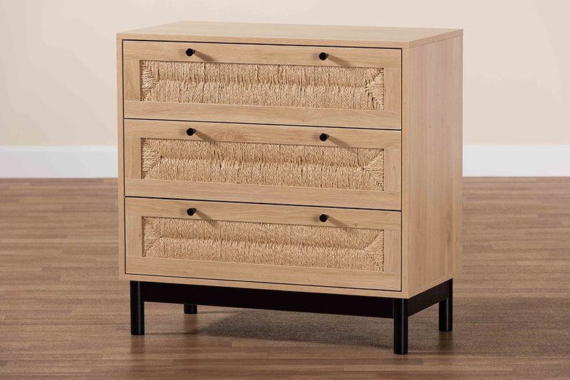 Jiro Light Brown and Black 3-Drawer Storage Cabinet Baxton