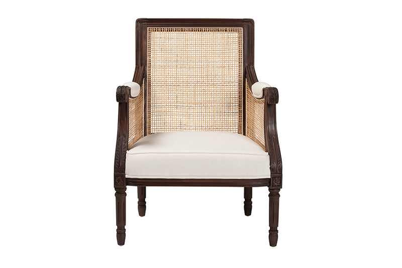 Ryland Traditional French Beige Fabric and Dark Brown Finished Wood Accent Chair