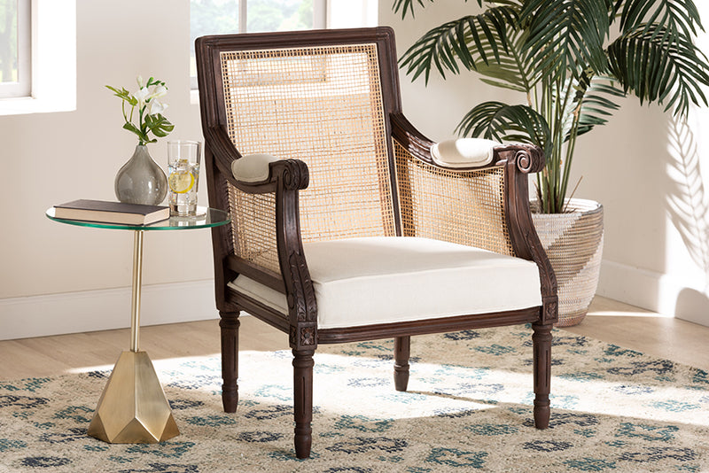 Ryland Traditional French Beige Fabric and Dark Brown Finished Wood Accent Chair