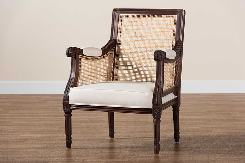 Ryland Traditional French Beige Fabric and Dark Brown Finished Wood Accent Chair