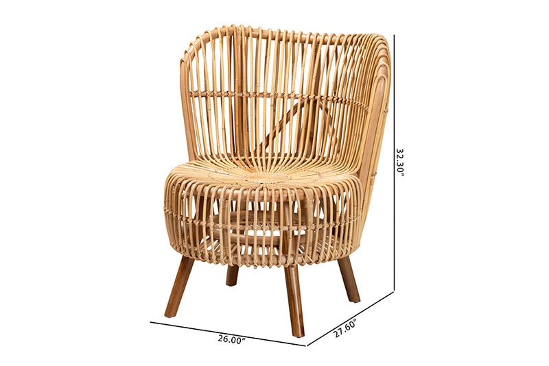 Melle Modern Bohemian Natural Rattan Wide Seat Lounge Chair