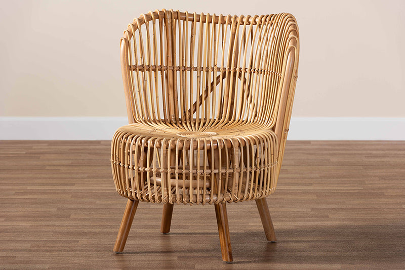 Melle Modern Bohemian Natural Rattan Wide Seat Lounge Chair