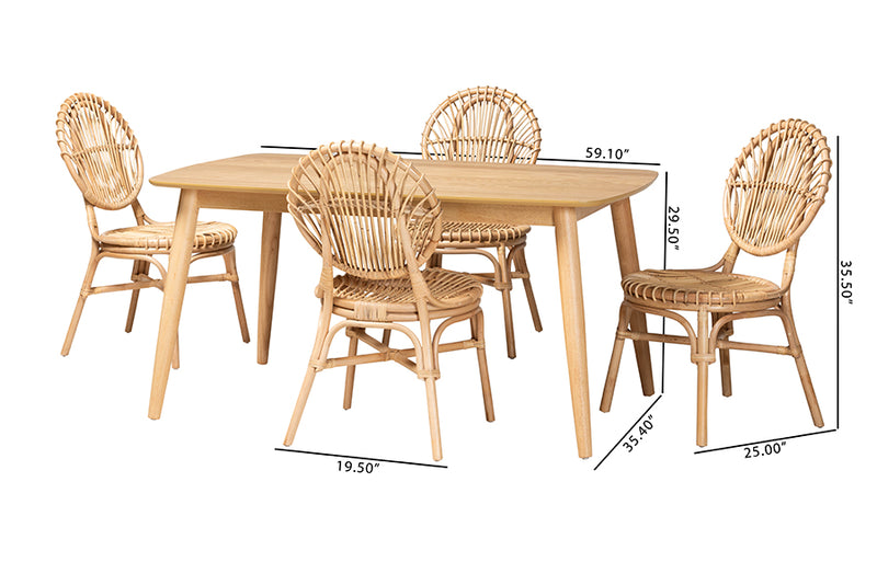 Alinia Modern Bohemian Natural Brown Rattan 5-Piece Dining Set