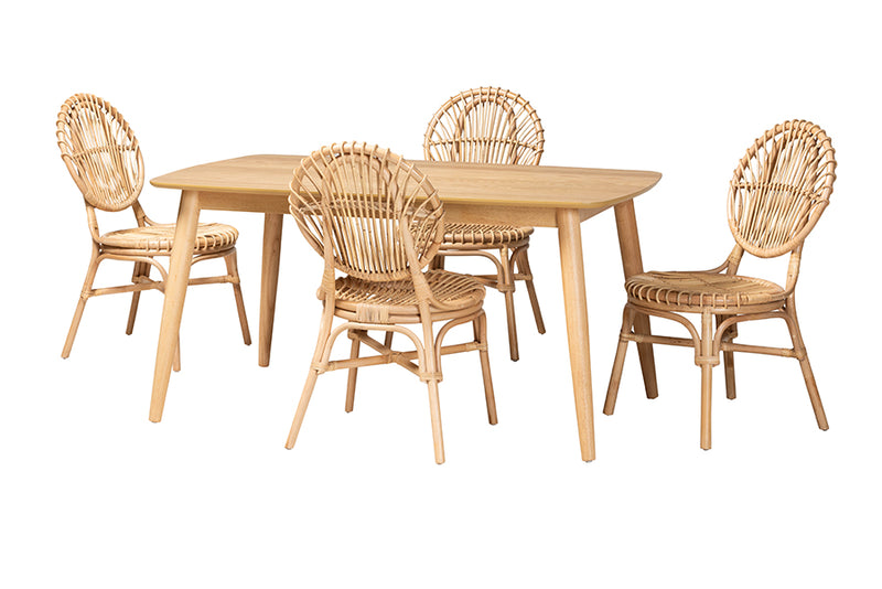 Alinia Modern Bohemian Natural Brown Rattan 5-Piece Dining Set