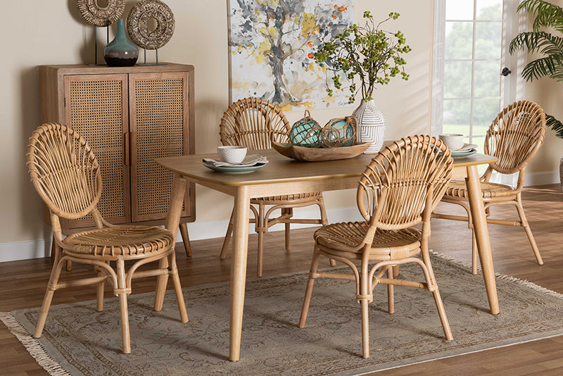 Alinia Modern Bohemian Natural Brown Rattan 5-Piece Dining Set