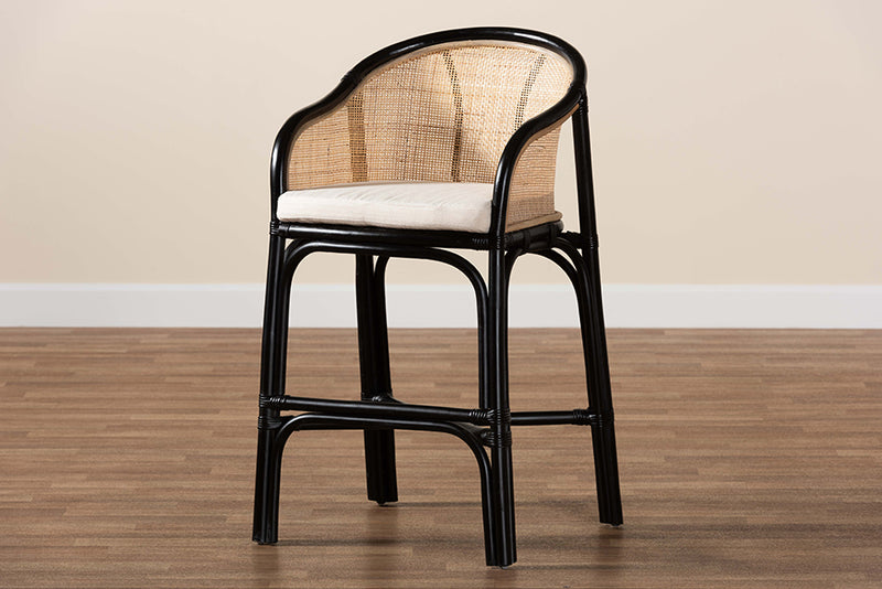 Fariat Modern Bohemian Two-Tone Black and Natural Brown Rattan Counter Stool