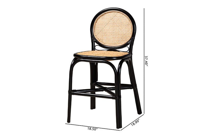 Denver Mid-Century Modern Two-Tone Black and Natural Brown Rattan Counter Stool