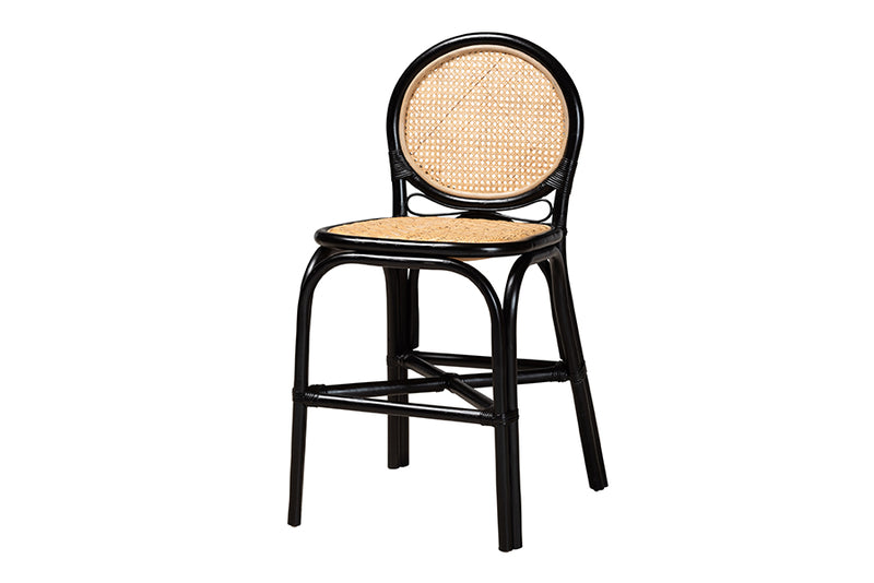 Denver Mid-Century Modern Two-Tone Black and Natural Brown Rattan Counter Stool