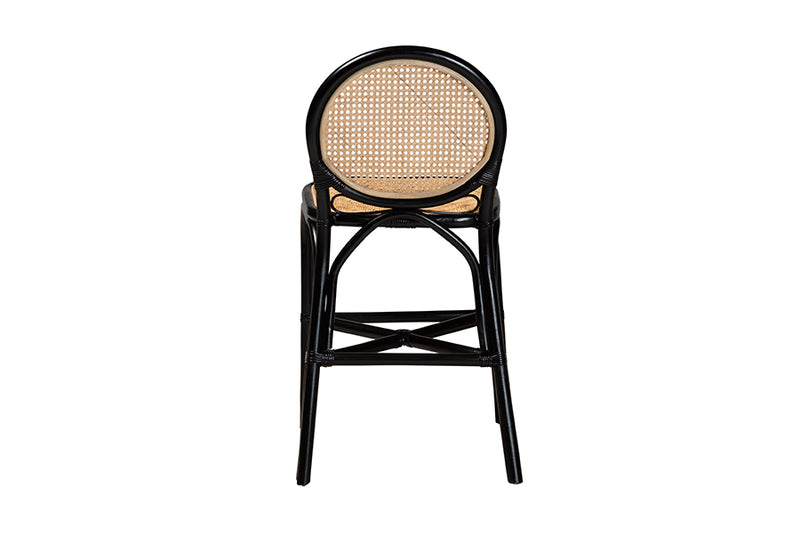 Denver Mid-Century Modern Two-Tone Black and Natural Brown Rattan Counter Stool