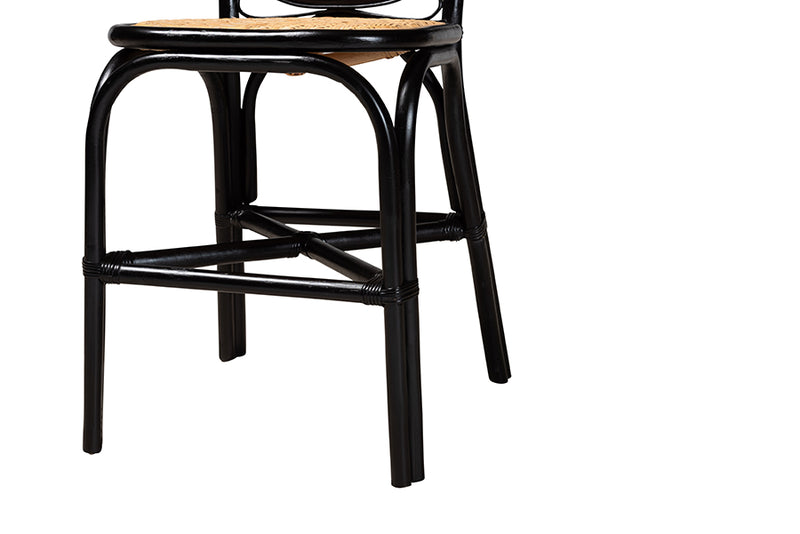 Denver Mid-Century Modern Two-Tone Black and Natural Brown Rattan Counter Stool