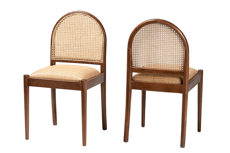 Newman Modern Bohemian Natural Rattan and Acacia Wood 2-Piece Dining Chair Set