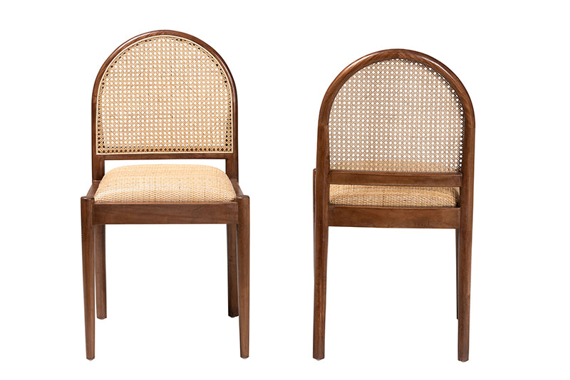 Newman Modern Bohemian Natural Rattan and Acacia Wood 2-Piece Dining Chair Set