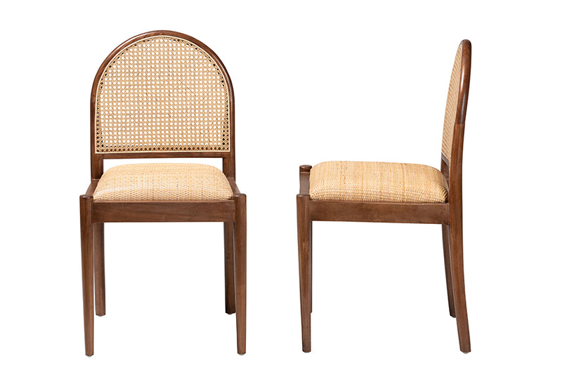 Newman Modern Bohemian Natural Rattan and Acacia Wood 2-Piece Dining Chair Set