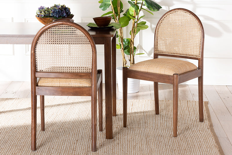 Newman Modern Bohemian Natural Rattan and Acacia Wood 2-Piece Dining Chair Set