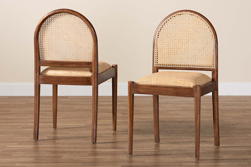 Newman Modern Bohemian Natural Rattan and Acacia Wood 2-Piece Dining Chair Set