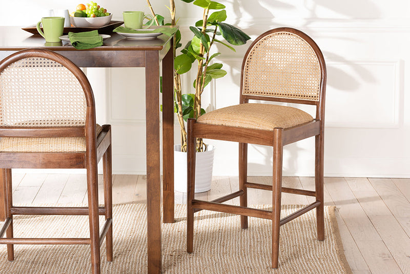 Newman Natural Rattan and Acacia Wood Counter Stool Baxton