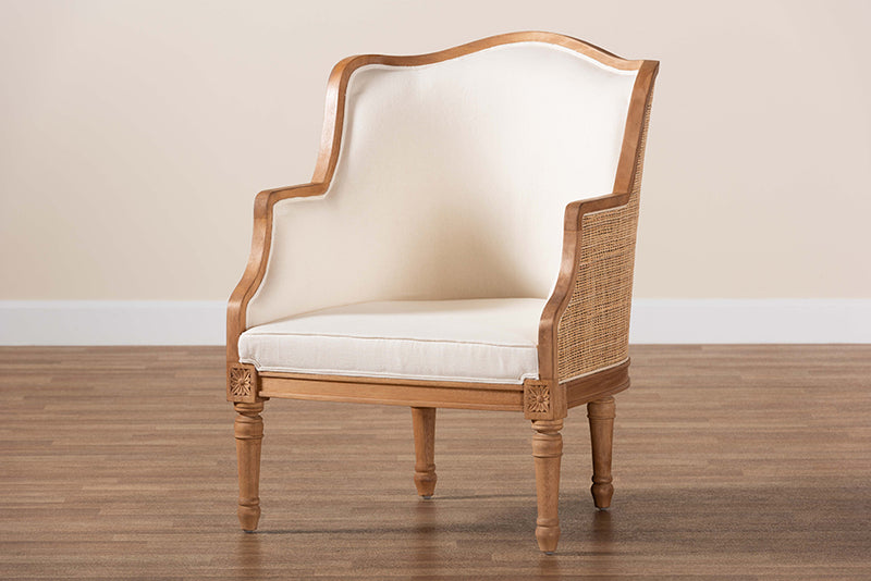 Lylah Traditional French Beige Fabric and Honey Oak Finished Wood Accent Chair