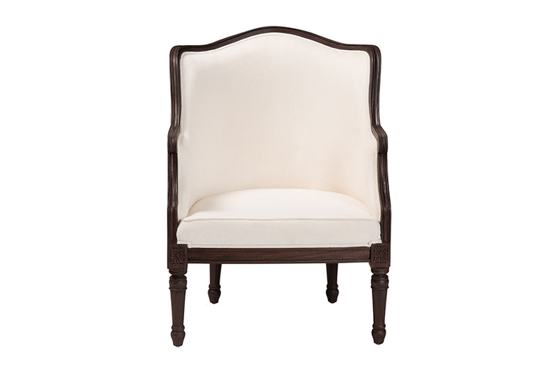 Deance Traditional French Beige Fabric and Dark Brown Finished Wood Accent Chair