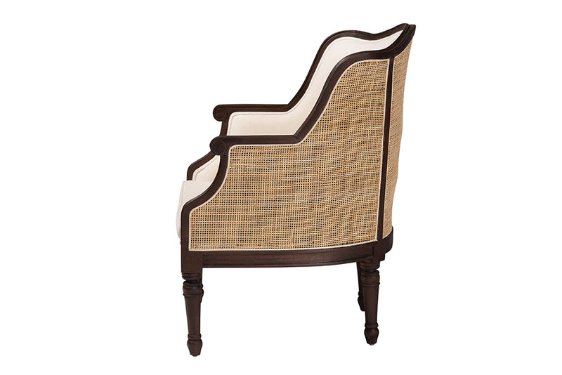 Deance Traditional French Beige Fabric and Dark Brown Finished Wood Accent Chair