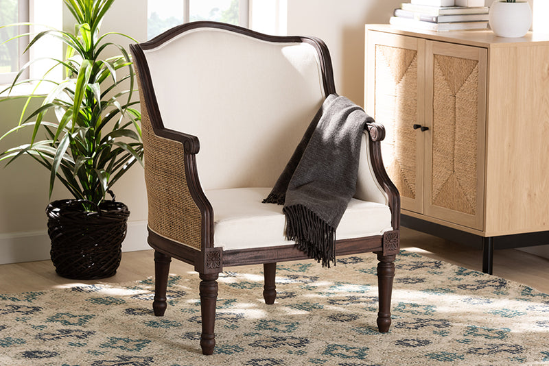 Deance Traditional French Beige Fabric and Dark Brown Finished Wood Accent Chair