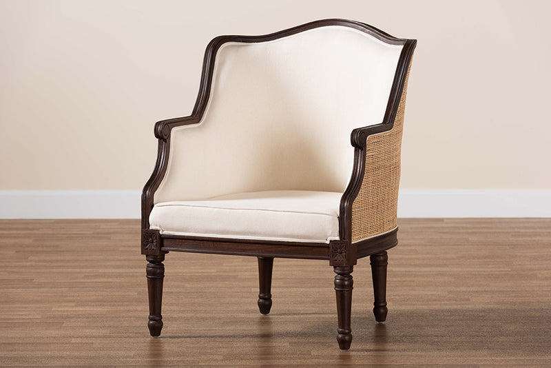 Deance Traditional French Beige Fabric and Dark Brown Finished Wood Accent Chair