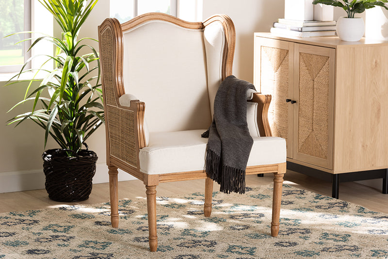 Kirchem Traditional French Beige Fabric and Honey Oak Finished Wood Accent Chair