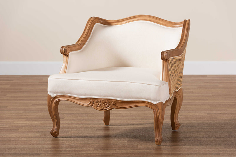 Diva Traditional French Beige Fabric and Honey Oak Finished Wood Low Seat Accent Chair