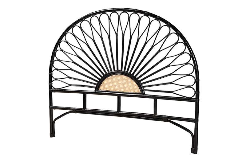 Drucilla Modern Bohemian Two-Tone Black and Natural Brown Rattan Queen Size Standalone Headboard