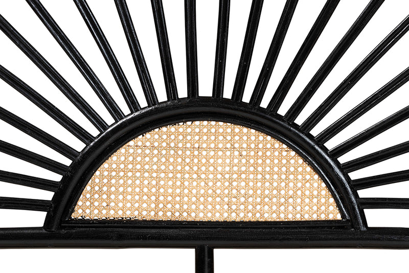 Drucilla Modern Bohemian Two-Tone Black and Natural Brown Rattan Queen Size Standalone Headboard