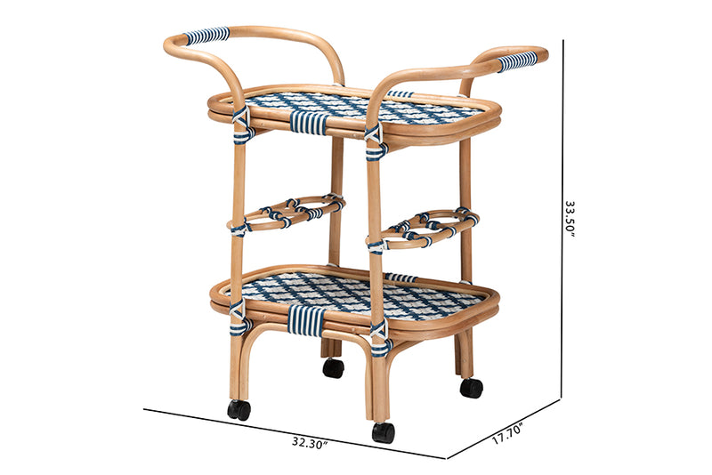 Amelia and pari Chasca Modern Bohemian Blue and White Weaving and Natural Rattan Wine Cart