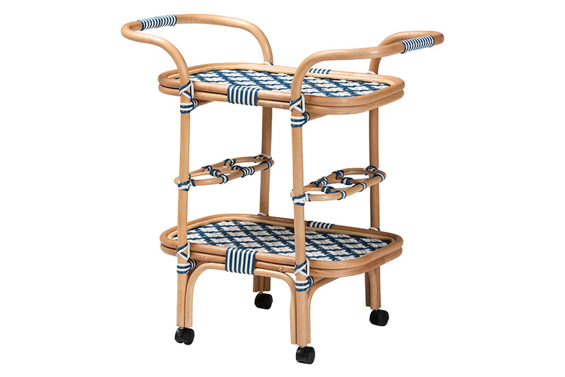 Amelia and pari Chasca Modern Bohemian Blue and White Weaving and Natural Rattan Wine Cart