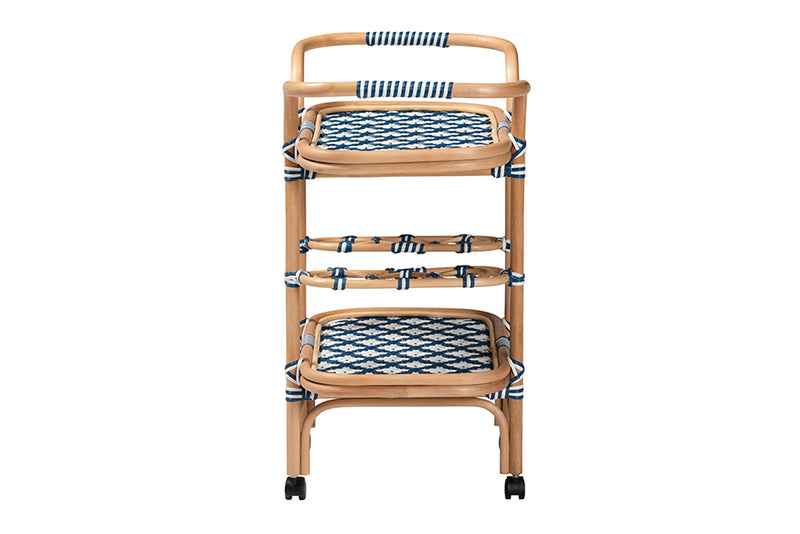 Amelia and pari Chasca Modern Bohemian Blue and White Weaving and Natural Rattan Wine Cart