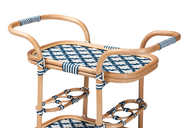 Amelia and pari Chasca Modern Bohemian Blue and White Weaving and Natural Rattan Wine Cart