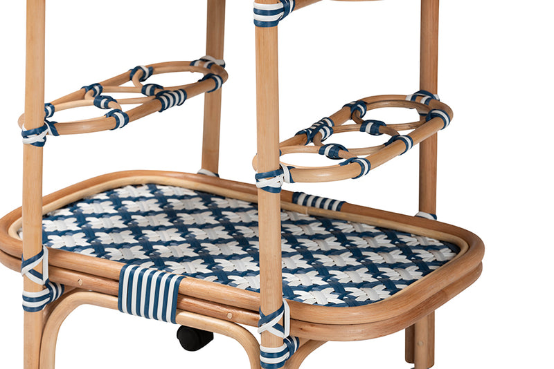 Amelia and pari Chasca Modern Bohemian Blue and White Weaving and Natural Rattan Wine Cart