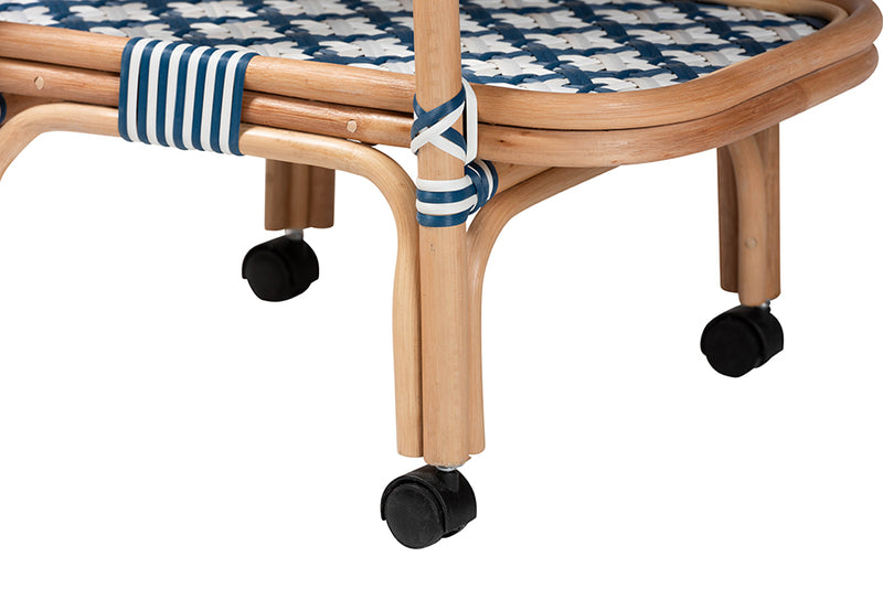 Amelia and pari Chasca Modern Bohemian Blue and White Weaving and Natural Rattan Wine Cart