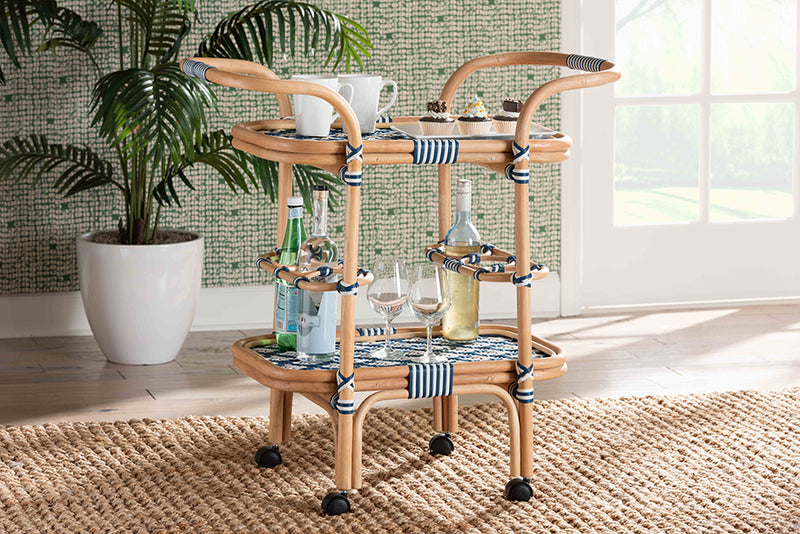 Amelia and pari Chasca Modern Bohemian Blue and White Weaving and Natural Rattan Wine Cart