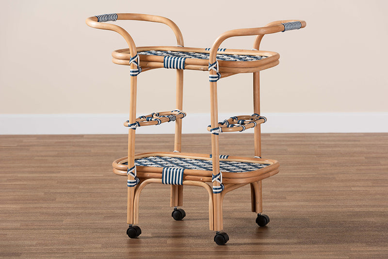 Amelia and pari Chasca Modern Bohemian Blue and White Weaving and Natural Rattan Wine Cart