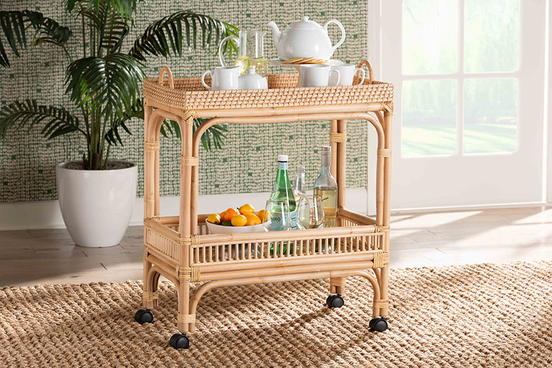 Devlin Modern Bohemian Natural Brown Rattan Wine Cart