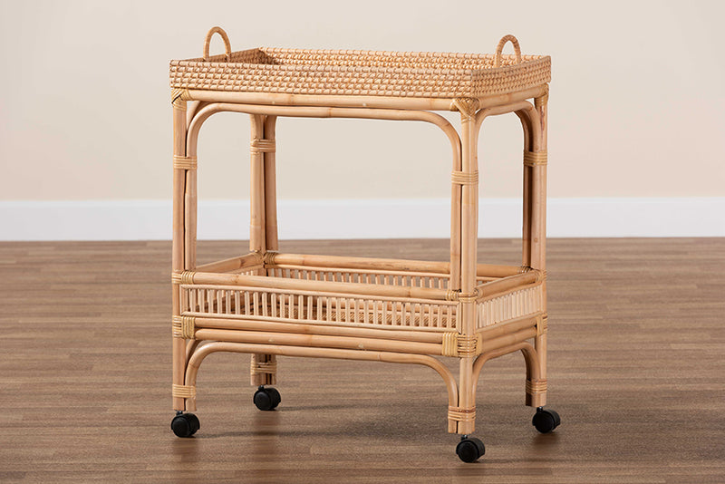 Devlin Modern Bohemian Natural Brown Rattan Wine Cart