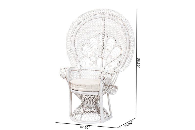 Erie Modern Bohemian White Natural Rattan Peacock Accent Chair