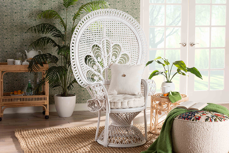 Erie Modern Bohemian White Natural Rattan Peacock Accent Chair